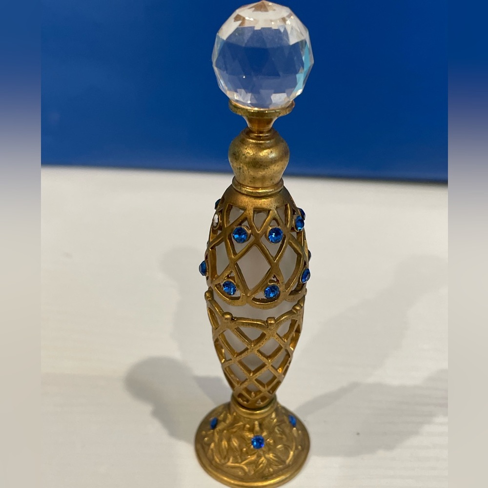 Perfume Bottle Gold Blue stone And Crystal Look Top Very Pretty Never Used